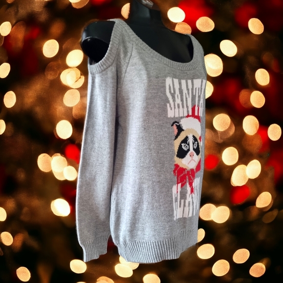 Tipsy Elves' Cat Ugly Christmas Cold Shoulder "Santa Claws" Sweater - Picture 5 of 8